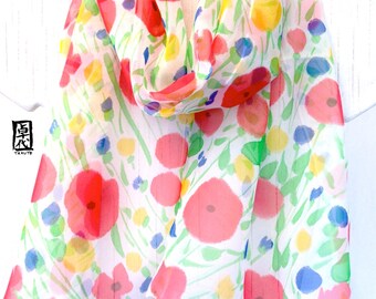 Hand Painted Silk Scarf, Red, Yellow and Blue Meadow Flowers, Red Silk Scarf, Silk Chiffon Scarf. 10x59 inches. Made to order.