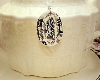 Broken china necklace. Broken China pendant. Broken China jewelry. Black rose.