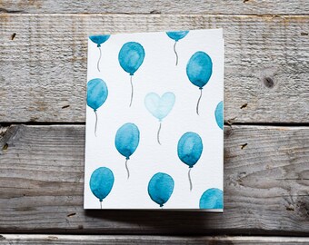 Happy Birthday Card Blue, Balloon Card, Boy Birthday Card, Watercolor Birthday Card