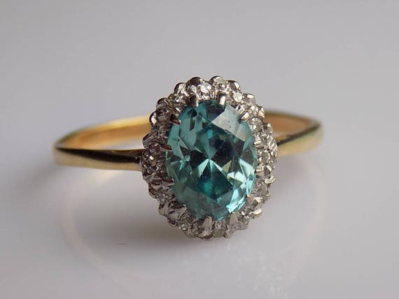 Art Deco Blue Zircon Diamond Gold Platinum Cluster Ring