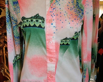 Vintage 1970's Shirtstop Graphic Polyester Disco Blouse
