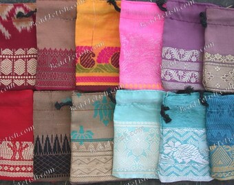 Recycled Sari Drawstring Gift Bags, 12 Gift Pouches 3 x 2" Fabric Gift Bags, Multi Colored India Gift Bags, Handcrafted Bags MS-033-45