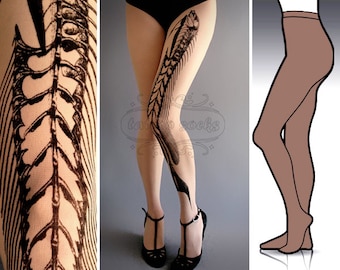 L/XL Fish Bone tattoo tights / stockings/ full length / pantyhose / nylons Deep Mocha