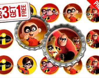 Incredibles Bottle Cap Images - 1 inch size - Suitable for Hair Bows, Magnets, Scrapbooking, Stickers etc - High Resolution Images