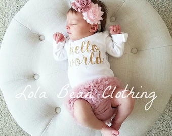 Baby Girl Coming Home Outfit Newborn Hello World Bodysuit Bloomers Headband Set Dusty Rose Pink