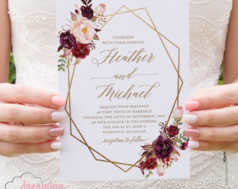 Boho Floral Geometric / Geometry Wedding Invitation Set - Marsala Burgundy and Pink Flowers with choice of color Geometry