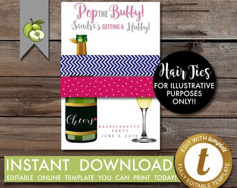pop the bubbly, bachelorette party, champagne, hubby, editable, printable, hen party, Hair Tie Favors, hair elastics template, gift tag