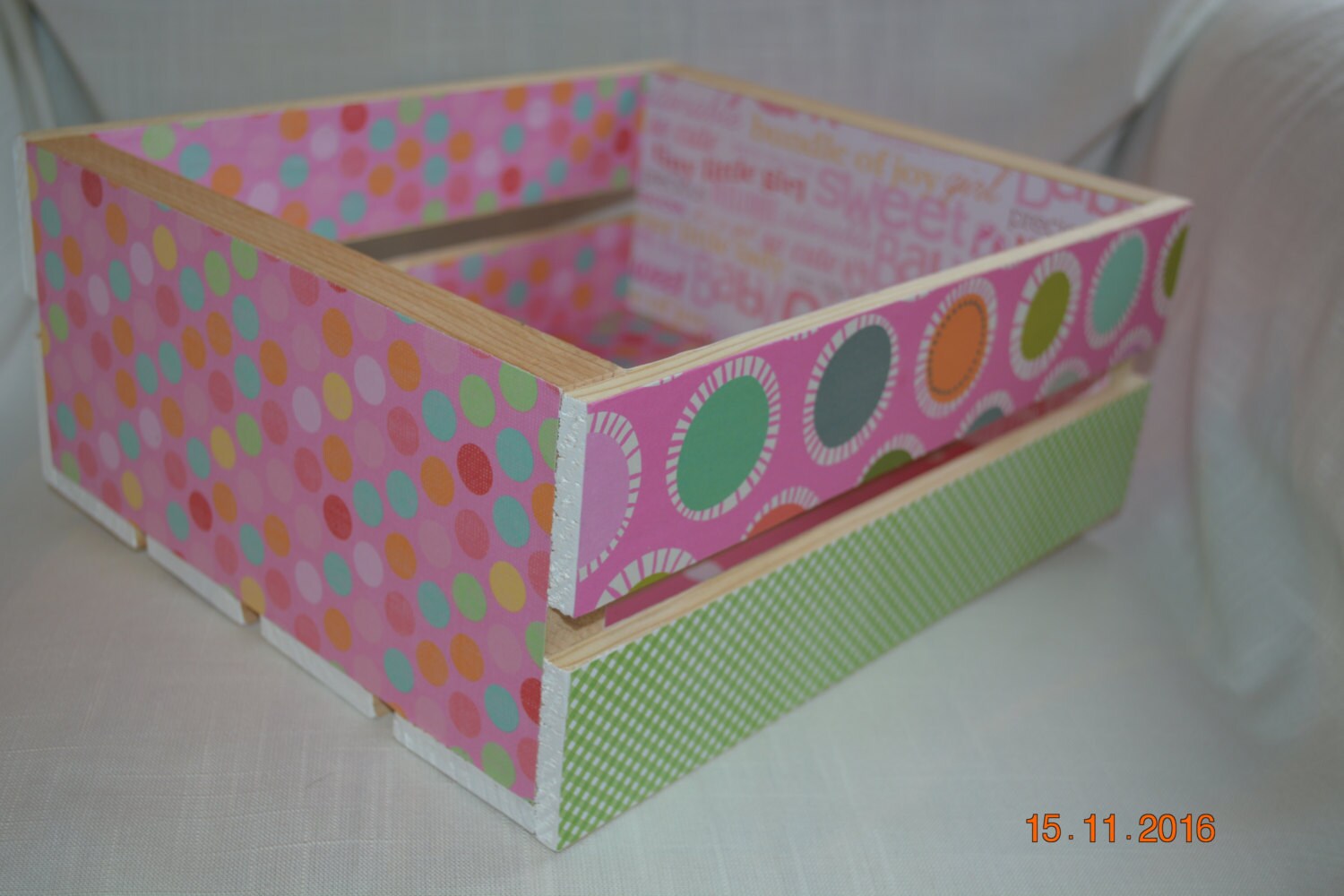 Baby Girl decorated wooden crate. Ideal gift for Baby Shower