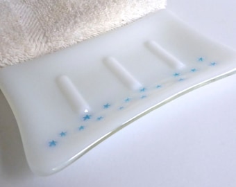 Fused Glass Soap Dish in White with Blue Starfish by BPRDesigns