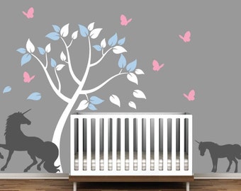 Children's Room Wall Wall Decal with Unicorns and Colorful Tree