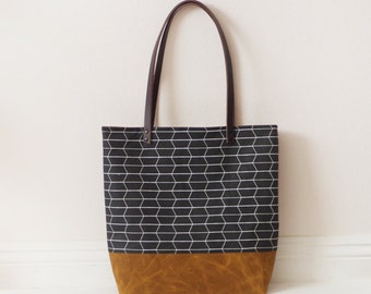 Sale honeycomb brown waxed canvas tote bag with leather handle