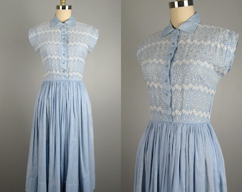 Vintage 1950s Cotton Dress 50s Blue Embroidered Rhinestone Summer Dress Size S