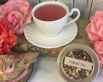 Pinktini Strawberry Kiwi Herbal Loose Leaf Tea No Caffeine 1 oz Round Window Tin Tea Caddy or Pouch