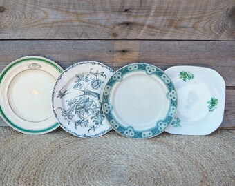 Mismatched small plates, set of 4, salad plates, green and white porcelain, side plates, bread and butter plates, mismatched china plates