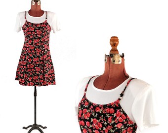Vintage 1990's Black + Rose Floral Print Soft Rayon Mini Grunge Ditsy Mock Shirt Dress S