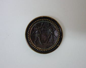 Antique Picture Button, Theater and Opera, Punchinello & Harlequin 1 1/16" Stamped Brass