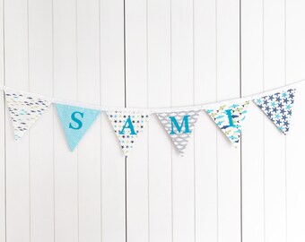 Little Fish Bunting - Starfish Bunting - Name Bunting - Blue Green White Bunting - Personalised Bunting - Nursery - Under the Sea Party