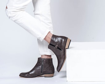 Women Leather Booties / Flat Shoes / Taupe Leather Boots / Grey-Brown Office Shoes / Designers Leather Shoes / Wood Heels Shoes - Jerry
