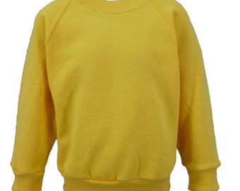 Yellow Sweatshirt, cotton/polyester, raglan sleeves, soft brushed inside for warmth and comfort. Made in England. 6 childs sizes. W10