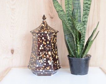 Vintage Cookie jar, Large, Kitchen storage, Midcentury, speckled, mcm, pagoda, hollywood regency, 1970s, brown