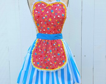 retro apron, retro dot apron, red apron, womens full apron, bubble print, feedsack print, hostess gift, Lover Dovers