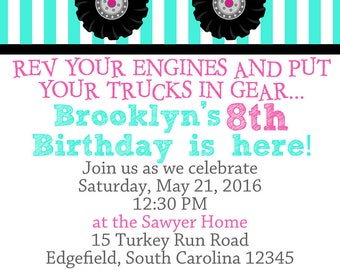Girly Monster Truck Birthday Party DIGITAL Invitations