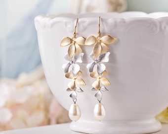 Bridal Earrings, Gold and Silver Earrings, Wedding Earrings, Bridesmaid Earrings, Orchid Flower Teardrop Cream Pearl Long Dangle Earrings