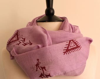 Triad - lilac and cherry red patterned crinkle chiffon scarf