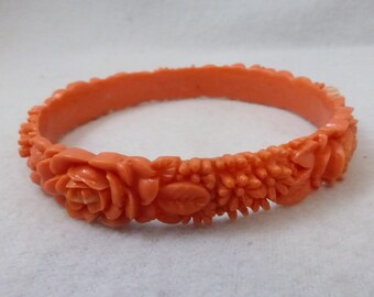 Vintage Floral Celluloid Coral Bangle Bracelet