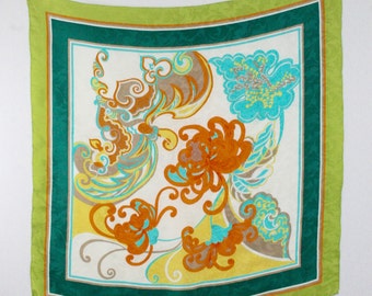 Vintage Orientalist Large Square Silk Scarf Hand Rolled Hem