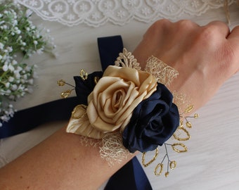 Navy Blue gold flower Wrist Corsage boutonniere Wedding Set Bridesmaid Corsage Bracelet Groomsmen Boutonnière Prom Corsage Pin Corsage
