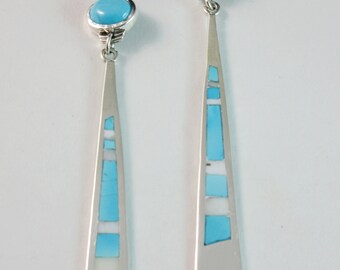 FEDERICO~Sleeping Beauty Turquoise/White Shell~Channel Mosaic Inlay~925 Earring~Free Shipping