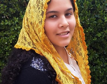 Mustard Lace Veil- Yellow Catholic Chapel Veil-Church Veil for Mass-Mantilla Chapel Veils-Dark Yellow Headcovering-Traditional Veil