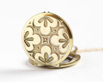 Vintage Repousse Locket - Retro 14k Rosy Yellow Gold Filled Necklace - 1960s Leaf and Brushed Finish Photograph Etched Jewelry Pendant