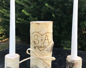 Birch Unity Candle, Rustic Unity Candle Set, Personalized Unity Candle, Rustic Wedding, Birch Candle, Wood Unity Candle, Rustic Unity Candle
