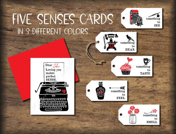 Romantic Five Senses Gift Tags & Card. Instant download