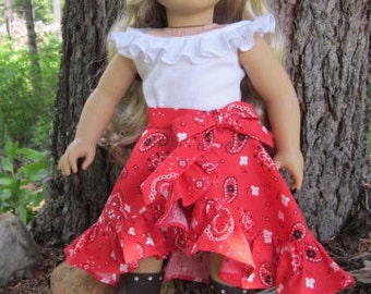 18" Red "Country Diva" Bandana Doll Skirt & White Ruffled Top Handmade to Fit Tenney and Other American Girl Dolls, Journey Girls