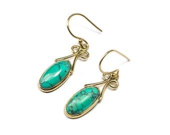 Turquoise and Brass Dangle and Drop Dainty Earrings Gemstone Earrings Free UK Delivery Gift Boxed BHG1