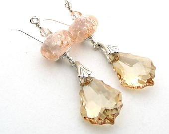 Pink Champagne Earrings, Sparkly Crystal Dangle Earrings with Handmade Lampwork Glass Beads