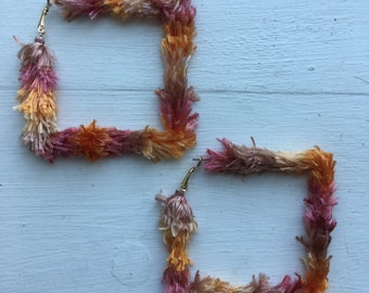 Handmade Fluffy Square Hoop earrings in Pink and Oramge