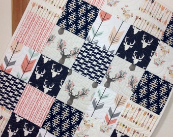 Baby Girl Quilt, Rustic Baby Quilt, Woodland Baby Quilt, Deer, Arrows, Fawn, Rustic Nursery, Woodland Crib Bedding, Q-15