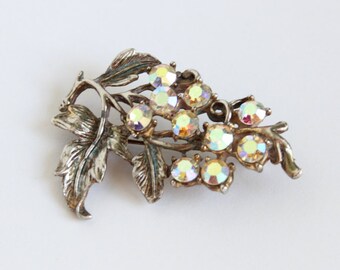 Vintage 1950s Silver Tone Aurora Borealis Brooch Pin