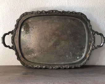 Distressed antique vintage silver plate footed tray, vintage wedding shabby chic, Vintage Hotel Silver, Silver Butler Tray