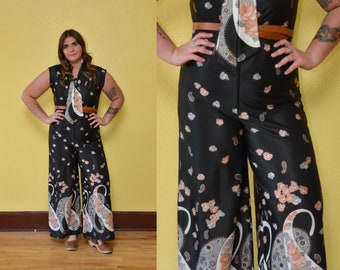 70s Paisley Jumpsuit Bell Bottoms Jumpsuit Wide Leg Pants Hippie Boho Floral Print Black Pink Bow Tie Pantsuit Plus Size Jumper
