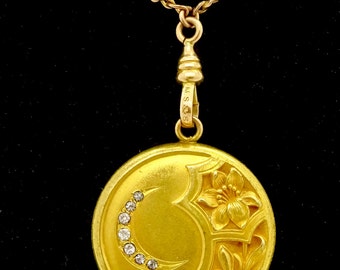 Antique GOLD LOCKET NECKLACE Art Nouveau Gold Filled Diamond Lily Flower Locket Pendant Watch Chain Lariat Necklace