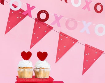 Valentines Day Decor Set | Valentine XOXO Pennant Banner Set Valentine's Day Pink Red XO Paper Garland Pink Red Silver Hearts Hugs Kisses