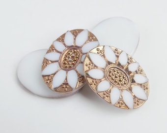 Vintage Sunflower Stone, polished white German Glass with real gold, 1960s - 25x18 mm - oval - 1 piece - C55