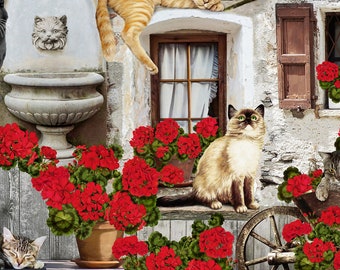 New - Front Porch Cats and Geraniums - Timeless Treasures - 1 yard - More Available - BTY