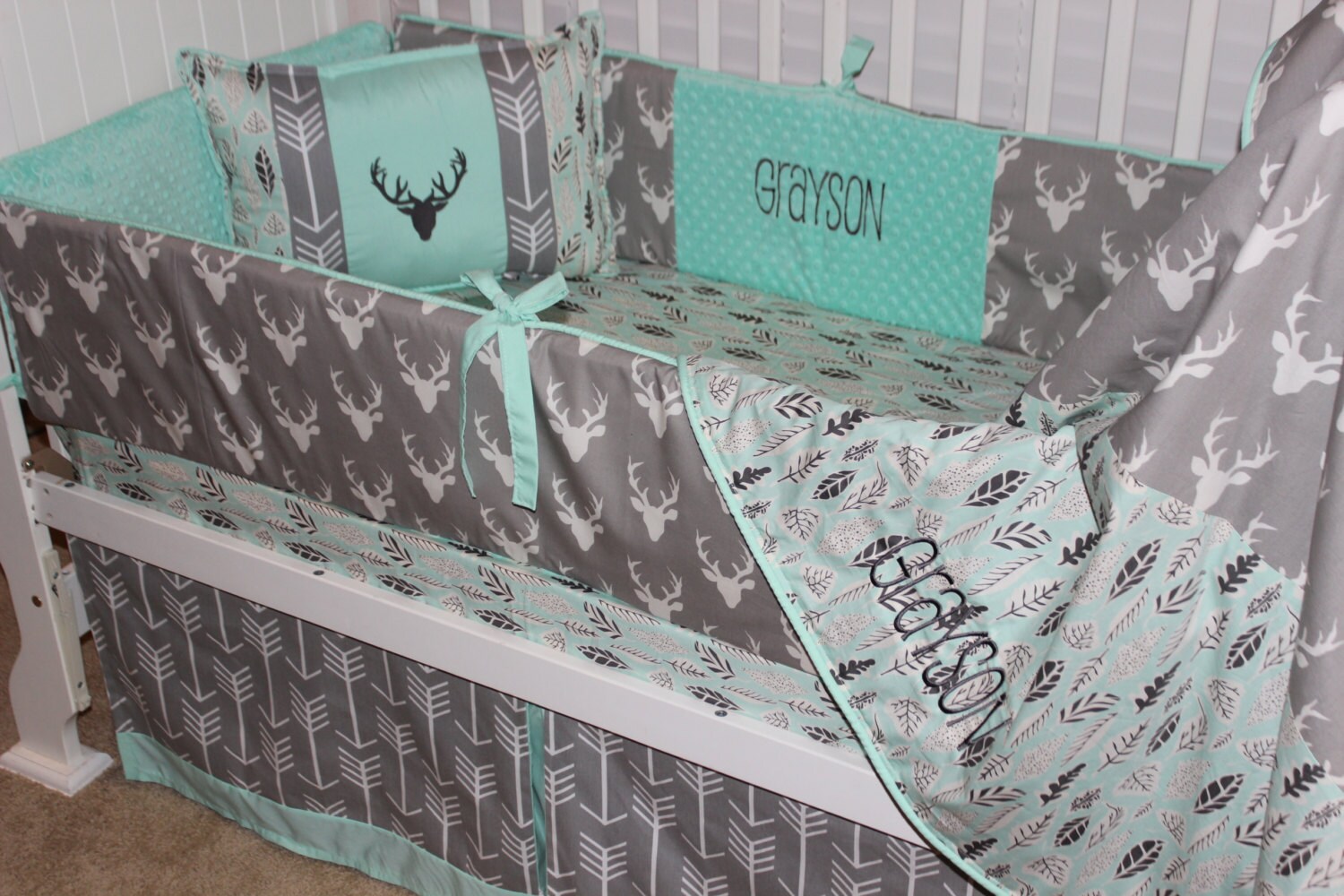 Custom baby bedding 6 pc set woodland stag head forest