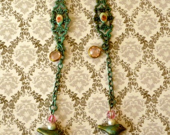 Verdigris Rosebud Bird Earrings Dangle Lever Back Earrings